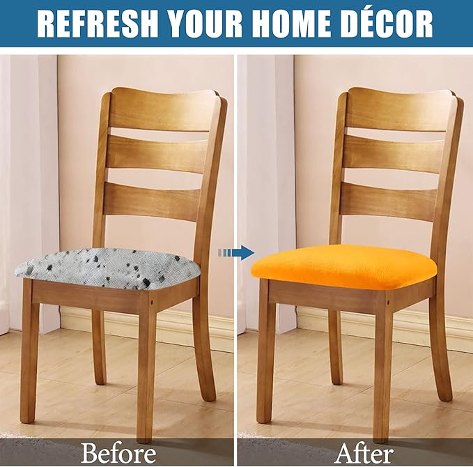 Smiry Velvet Seat Covers for Dining Room Chair Set of 2, Stretch Fit Removable Washable Chair Seat Cushion Protector Slipcovers with Ties, Mustard Yellow