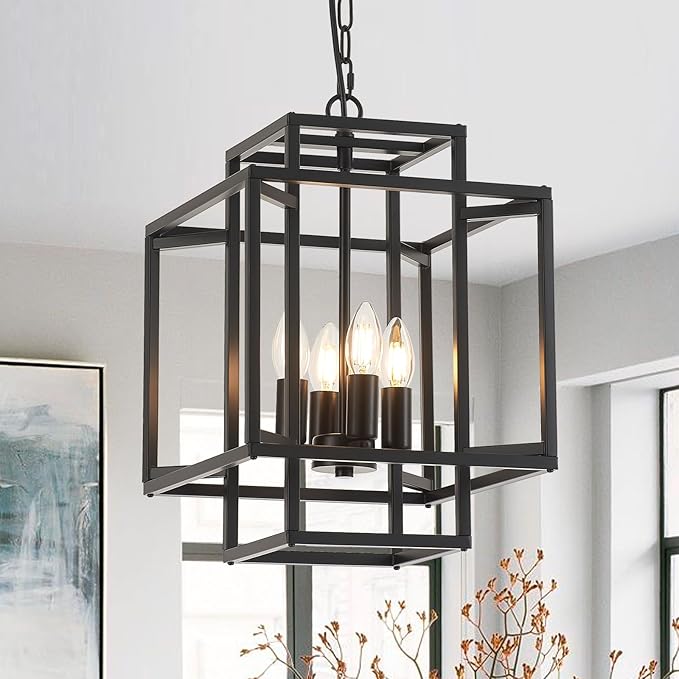 4-Light Black Chandelier,Semi Flush Light Fixture for Farmhouse with Metal Cage,E12 Bulb Socket and Adjustable Height for Dining Room,Kitchen Island,Living Room,Staircase, Entryway and indoor