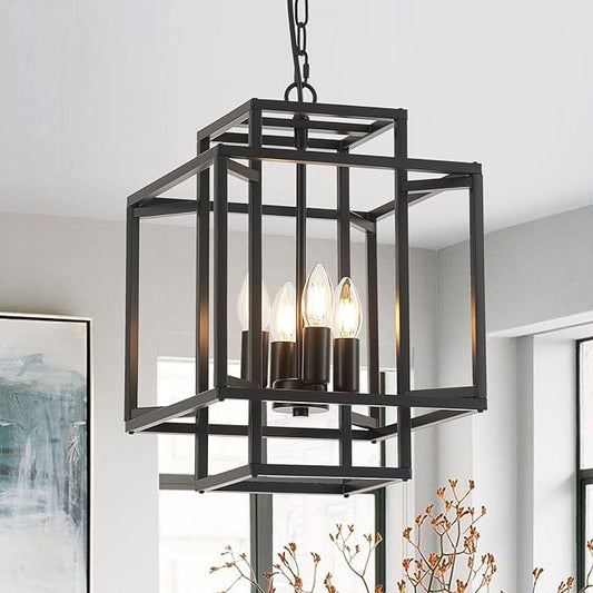 4-Light Black Chandelier,Semi Flush Light Fixture for Farmhouse with Metal Cage,E12 Bulb Socket and Adjustable Height for Dining Room,Kitchen Island,Living Room,Staircase, Entryway and indoor