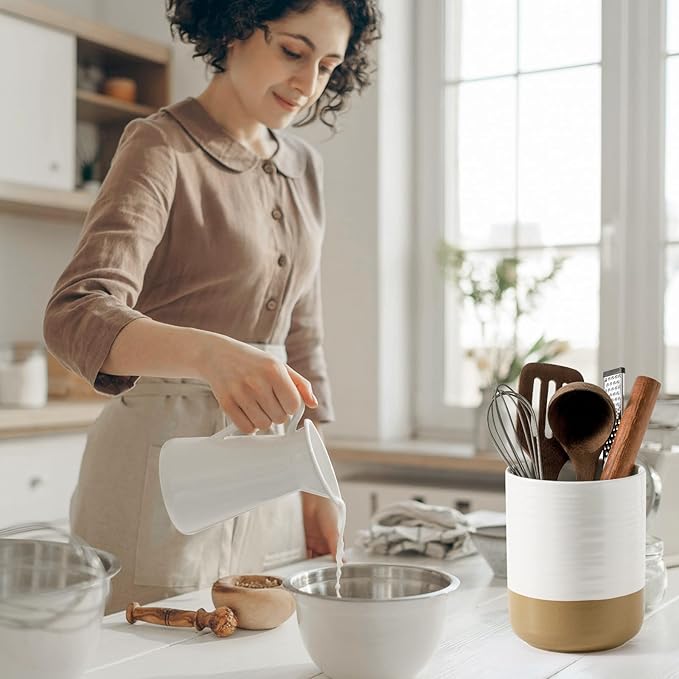 Hasense Large Utensil Holder, 7.4" Cooking Utensil Crock for Kitchen Counter, Ceramic Utensil Organizer Caddy for Kitchen Utensil Set, Vintage Decor for Christmas Gifts, White