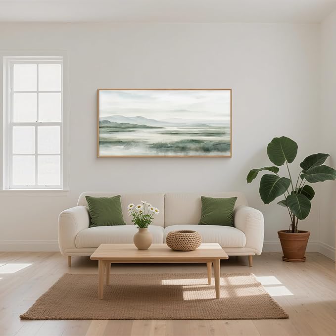 HOURIA Large Watercolor Misty Green Mountain Framed Canvas Wall Art,Neutral Brush Stroke Wall Decor,Modern Landscape Artwork,Nature Minimalist Art Print For Living Room,Bedroom,Office-20 x40 x1