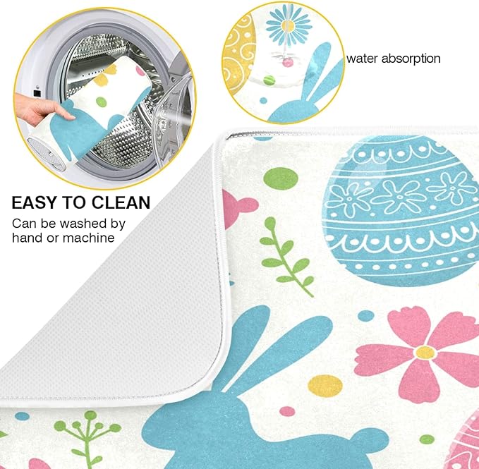 Flowers Eggs Bunny Easter Dish Drying Mat 18 X 24 Inches Spring Rose Leaves Peeps Rabbits Dry Dishes Pads Mats for Kitchen Tableware Protector Countertops Counter Home Decorations