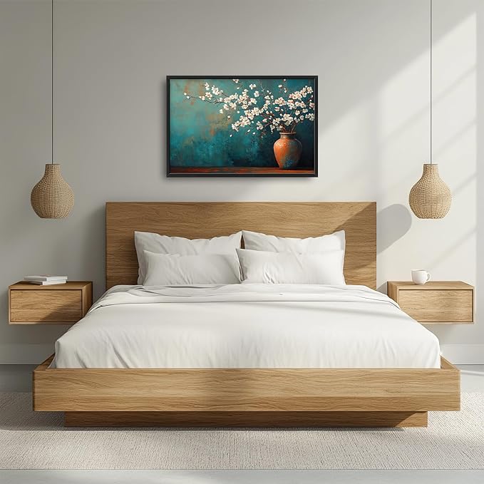 Teal Flowers Framed Wall Art for Living Room, Large Florals in Vase Canvas Wall Decor, Vintage Canvas Pictures Painting, Modern Artwork for Bathroom Bedroom 36L'' × 24W''