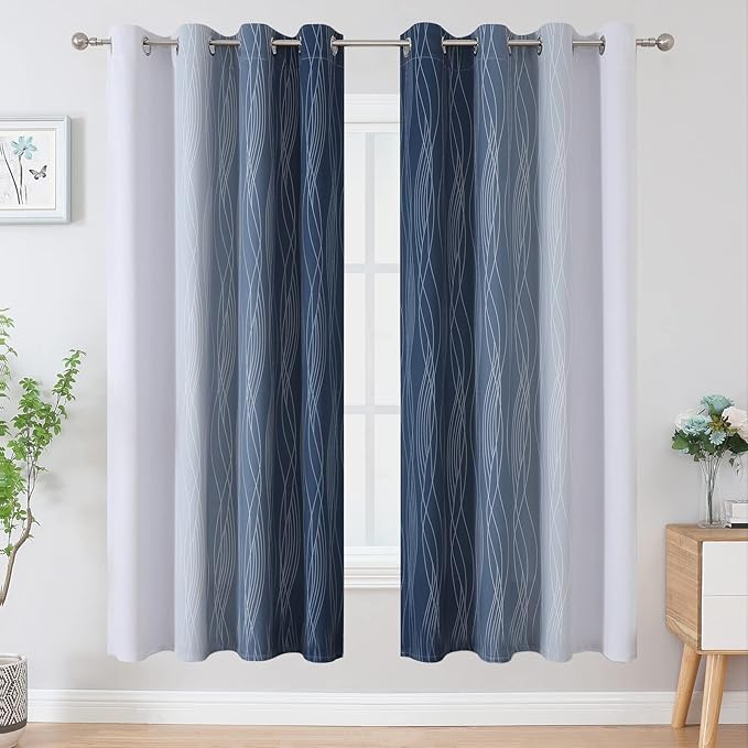 Estelar Textiler Navy Blue and Grayish White Blackout Curtains for Bedroom 72 Inches Long, Thermal Insulated Ombre Blackout Drapes, Room Darkening Energy Saving Drapes for Living Room,52Wx72L,2 Panels