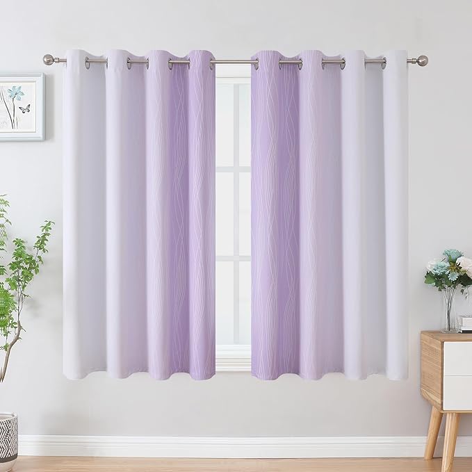 Estelar Textiler Lilac and Greyish White Blackout Curtains 45 Inch Length, Light Blocking Gradient Drapes for Kitchen, Thermal Insulated Grommet Ombre Curtains for Bathroom,52Wx45L,2 Panels