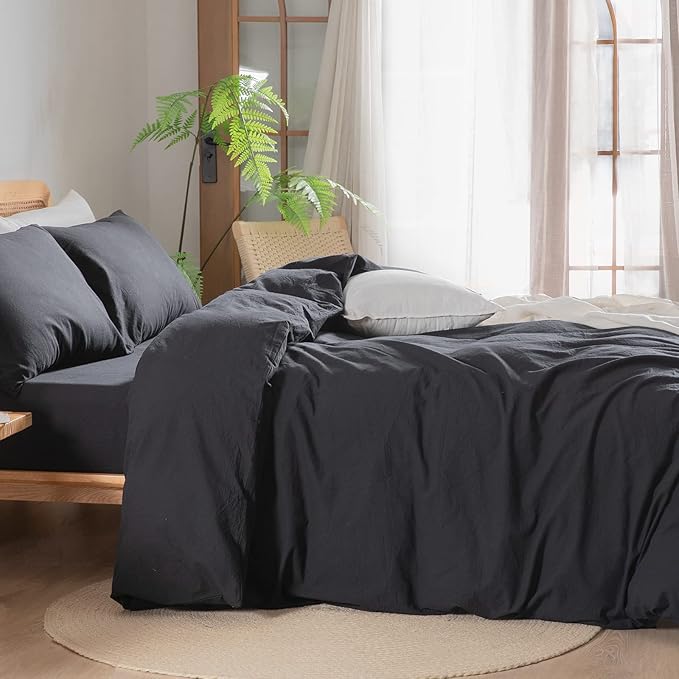 BESTOUCH Duvet Cover Set 100% Washed Cotton Linen Feel Super Soft Comfortable Chic Lightweight 3 PCs Home Bedding Set Solid Deep Black Queen