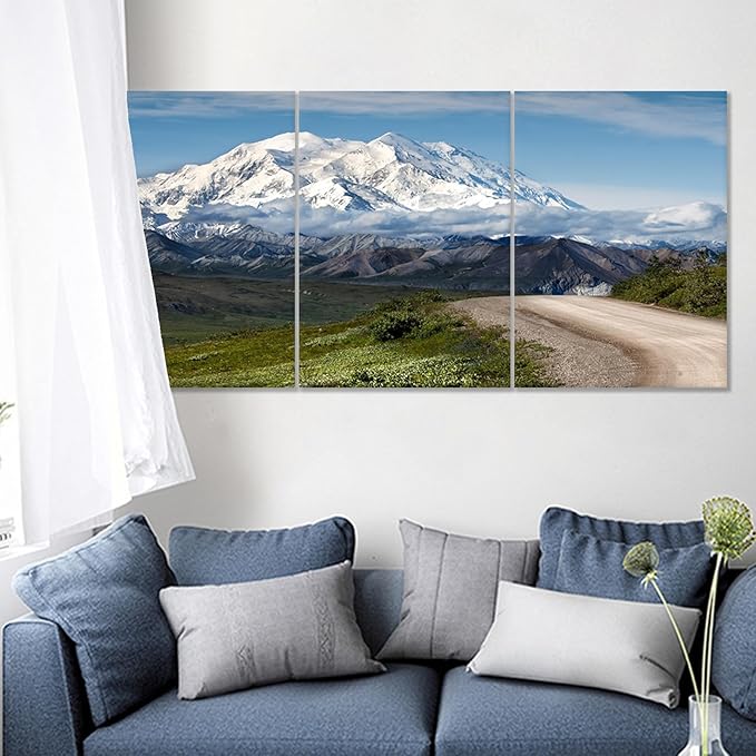 3 Pieces Landscape Poster Wall Art Winter Snow Mountains Wilderness Picture Print Snowscape Theme Painting Wall Decor Artwork for Modern Home Living Room Hotel Decoration Ready to Hang [60''Wx28''H]