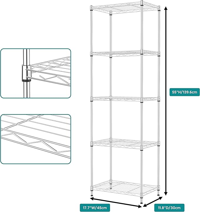 IZEUK 5 Tier Metal Wire Shelf Unit, Chrome Storage Rack Organizer for Kitchen, Bedroom, Living Room or Laundry Room, 17.7" W x 11.8" D x 55.0" H