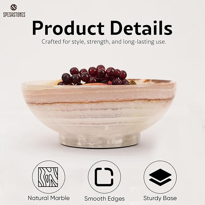 Marble Fruit Bowl 10 Inch White Onyx Handmade Decorative Serving Dish for Fruits, Snacks & Kitchen Counter - Ideal Stone Large Pedestal Bowls for Dining & Coffee Table Decor