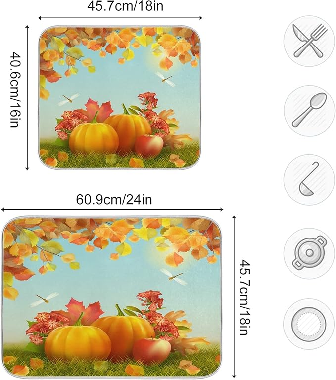 Autumn Thanksgiving Day Pumpkins Maple Dish Drying Mat for Kitchen Counter 16 x 18 Inch Flowers Dragonfly Leaves Dry Dishes Pads Mats Absorbent Countertops Counter Tableware Mat Protector Home Decor