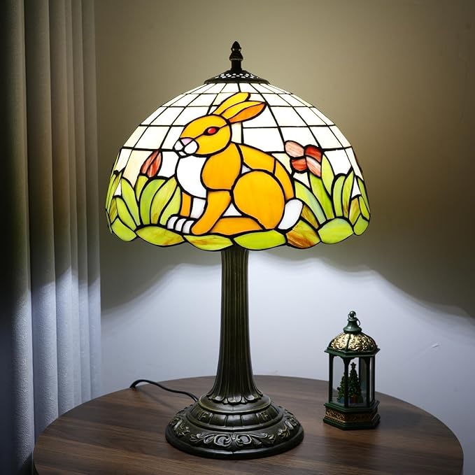 Uniquel Cute Brown Rabbit Tiffany Lamp Retro Style Stained Glass Table Lamp Vintage Aesthetic Bedside Lamps for Bedroom Nightstand Night Stand Lighting Reading Unusual Kids Decor Desk Lamp 12 Inch