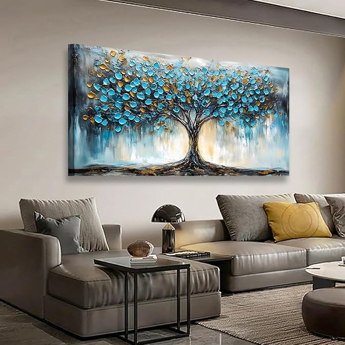 Blue Tree Pictures Canvas Wall Art for Living room Office Bedroom Wall Decor,Abstract Wall Art Print Modern Noble Blue Tree Oil Painting Artwork Waterproof Ready to Hang-20x40inch