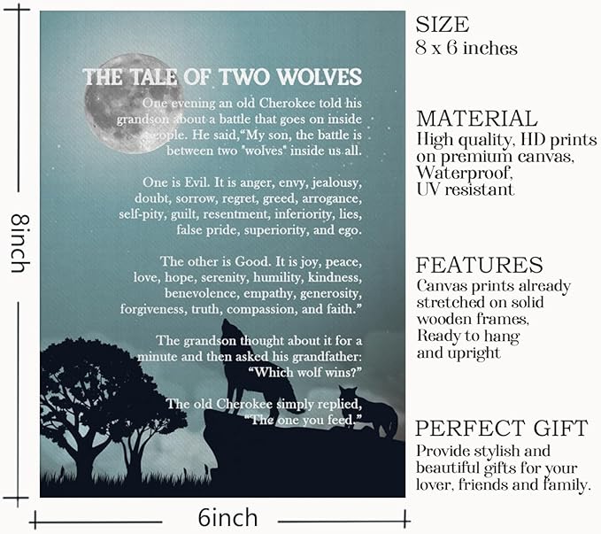 Wolf Wall Art: The Tale of Two Wolves - Native American Inspirational Quote Canvas Poster, Decor, Gifts 6x8 inch