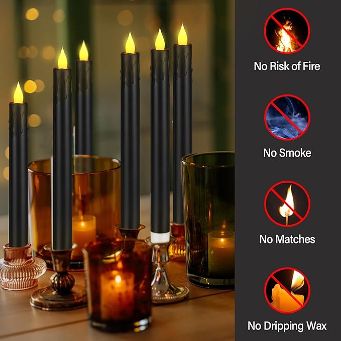 Flameless Taper Candles 10.6" Dripless Battery Operated Taper Candles Included Remote Timer 400+ Hours by 2AA Batteries for Halloween Christmas Wedding (Black, 6 Pack)