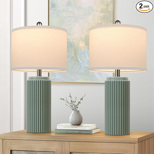 TOBUSA 23.5’’ Modern Green Ceramic Table Lamps Set of 2 for Living Room, Farmhouse Ceramic Bedside Nightstand Lamps for Bedroom, Vintage Decorative Boho Lamps for Home End Table Dorm Office