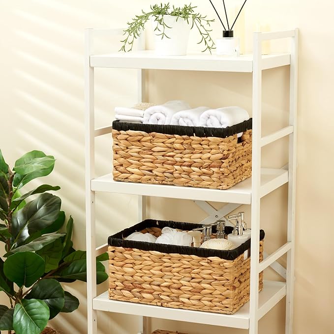 Wicker Baskets for Storage 2 Pack, Water Hyacinth Storage Baskets with Built-in Handles, Large Wicker Storage Baskets for Shelves & Organizing, Natural with Black, Size L & M
