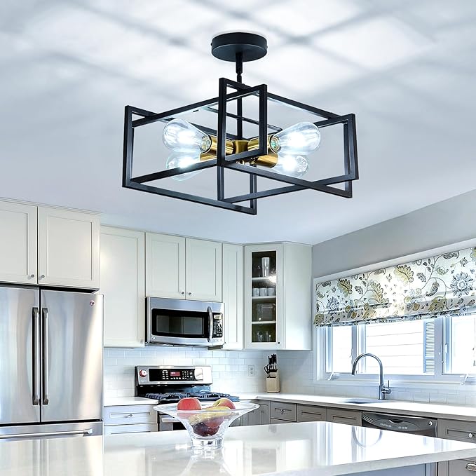 ZGLAOJT 4-Lights Close to Ceiling Light Black and Gold Light Fixture Industrial Flush Mount Ceiling Light Farmhouse Chandelier Lighting for Kitchen Island Dining Room Bedroom Foyer Hallway.