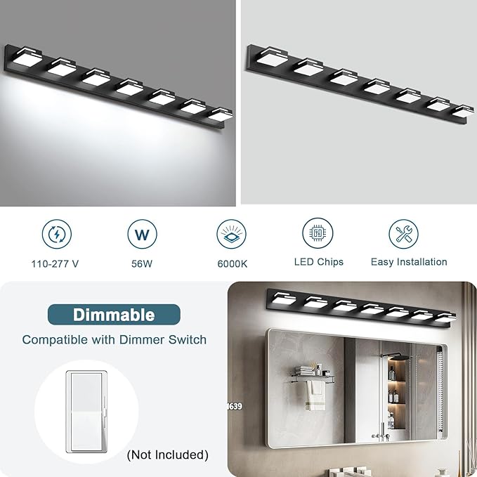 LED Modern Bathroom Vanity Light Fixtures, 7-Light 48-inch Dimmable Matte Black Vanity Lights for Bathroom Lighting Fixtures Over Mirror, with 350° Rotatable Acrylic Heads (Cool White 6000K)