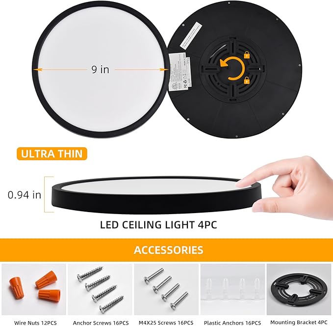 Hlite 4pack 9 Inch Flush Mount LED Ceiling Light Fixture,18W 1800LM Super Slim Light Fixtures Ceiling Mount 3000K/4000K/5000K 3CCT Selectable,Ceiling Light Fixtures for Kitchen,Bedroom (Black)