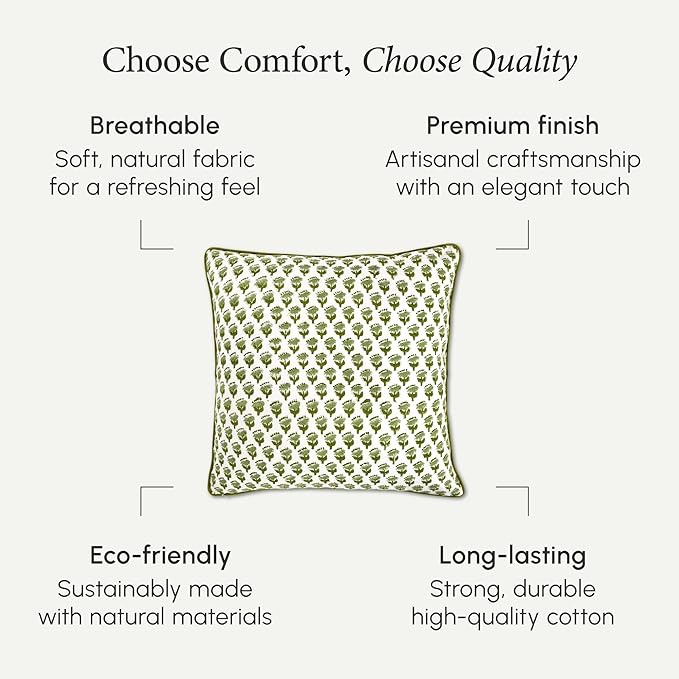 CPC 100% Cotton Throw Pillow Covers 18x18 Inch, Set of 2 Green Block Print Pattern Couch Pillow, Cute Boho Decorative Pillows for Living Room, Bedroom with Hidden Zipper- Emerald Green