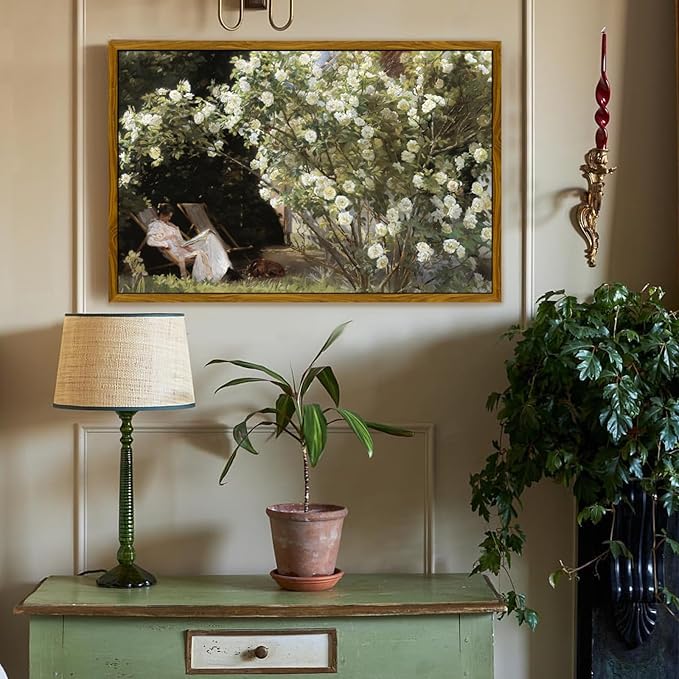 crmotu Vintage Framed Wall Art, Garden Women Canvas Art Prints, Rose Floral Classical Oil Paintings, Green Landscape Rustic Farmhouse Wall Decor Living Room Bedroom Bathroom Aesthetic Pictures 16x24in