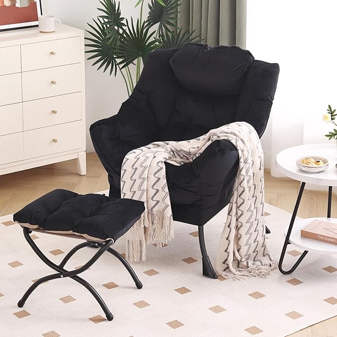 Lazy Chair with Ottoman, Modern Chair with Folding Footrest, Lounge Accent Chair, Comfortable Reading Chair, Oversized Armchairs for Bedroom, Study, Living Room, Courtyard (Velvet Black)