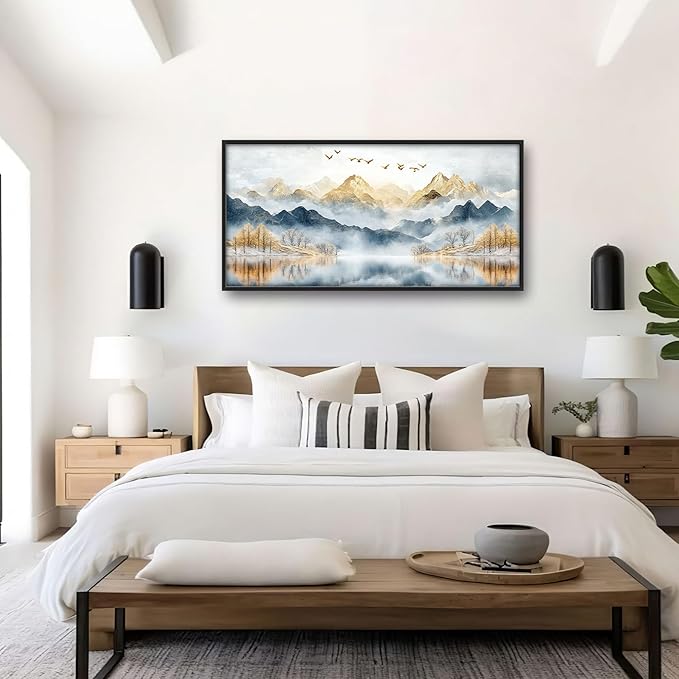 Mountain Large Wall Art for Living Room Framed, Lake Oversized Wall Decor Pictures, Nature Scenery Canvas Print Painting, Aesthetic Artwork Bedroom Office Home Decor 60"x30"