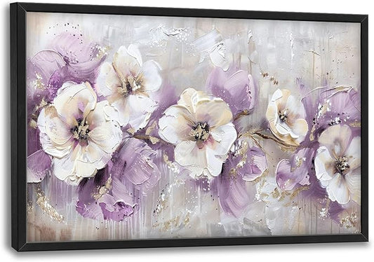 Large Wall Art for Living Room Framed, Purple Flower Wall Decor Pictures, Abstract Floral Canvas Print Painting, Aesthetic Artwork Bedroom Office Home Decor 36"x24"