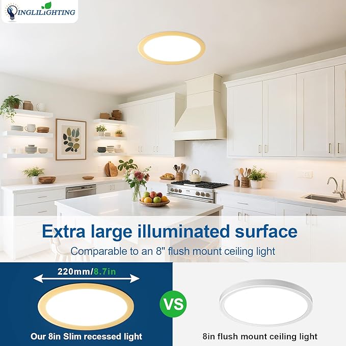 DLLT LED Recessed Ceiling Lights: 12 Pack 8 Inch 5CCT Ultra-Thin Lighting with Junction Box for Bedroom - 1800LM Brightness 18W Eqv 170W Dimmable Canless Wafer Downlight with ETL&FCC-Gold