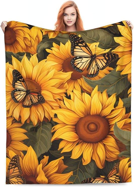 Sunflower Butterfly Blanket Gifts for Grils Women Floral Flannel Throw Blankets for Home Couch Bed Sofa Soft Fuzzy Lightweight Decor All Season 50x40 Inches
