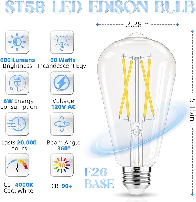 Edison Bulbs 60 watt Equivalent LED, E26 Bulb Non-Dimmable, Cool White 4000K, ST58 Vintage Light Bulbs, 90+ CRI, 6W 600LM, E26 Medium Base, Clear Glass, 18 Pack