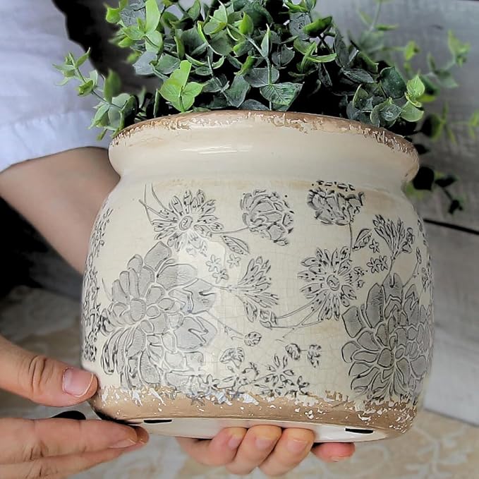 Ceramic Planters for Plants, Plant Pots with Drainage Hole, 6.29in. Flower Pots for Indoor Plants, Vintage Planters & Succulent Pots, Crackle Glaze Finish Plant Pots, Gray