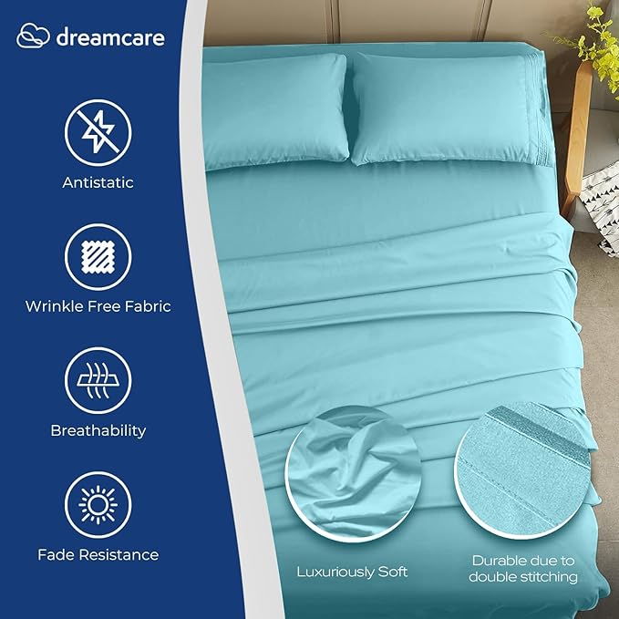 DREAMCARE Twin XL Sheets Set - 4 Pcs Cooling Bed Sheets with Up to 15" Deep Pockets - Soft, Long-Lasting 100% Brushed Polyester with Side Pocket (Spa Blue)