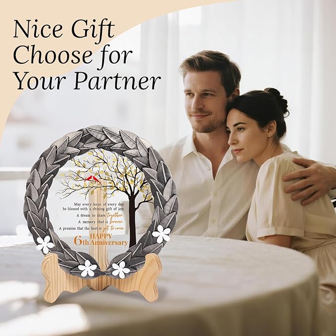 6th Anniversary Wedding Gifts Crystal Plate with Iron Leaf Wreath – 6 Years Iron Ideas for Couple or Parents – Cardinal Style