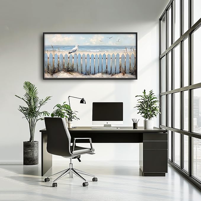 Flintis Large Ocean Beach Framed Wall Art Beach Seagull Pictures Wall Decor Abstract Natural Landscape Canvas Painting Print Artworks Framed for Living Room Bathroom Master Bedroom 60L X 30W