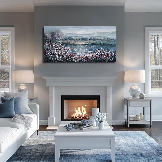 CHUDANHAO Abstract Wall Art for Bedroom White Wall Decor Purple Flower Artwork Landscape Wall Paintings 24"x48" Navy Blue Pictures for Walls