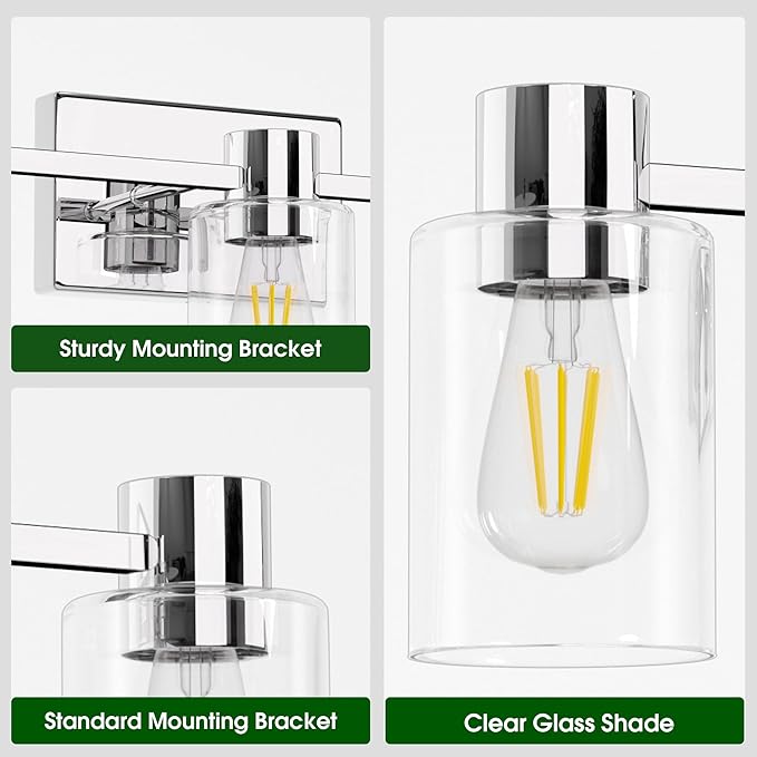 3-Light Modern Vanity Light Fixtures Over Mirror, Polished Chrome Bathroom Light Fixtures, Vanity Lights, Wall Sconce with Clear Glass Shade for Bathroom, E26 Base
