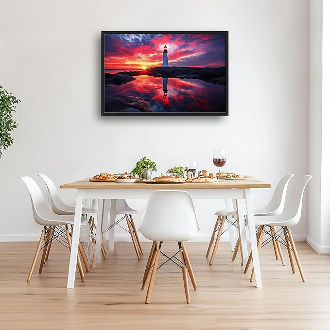 Olivine Lighthouse Wall Art, Nautical Coastal Pictures Wall Decor, Beach Sunset Paintings, Ocean Canvas Prints, Framed Artwork for Bathroom Bedroom Living Room Office Home Decoration 36"x24"