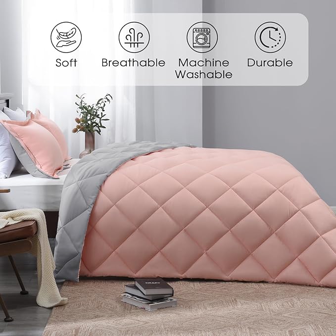 Basic Beyond Twin Comforter Set - Pink Twin Comforter Set, Reversible Twin Bed Comforter Set for All Seasons, Baby Pink/Grey, 1 Comforter (66"x92") and 1 Pillow Sham (20"x26"+2")