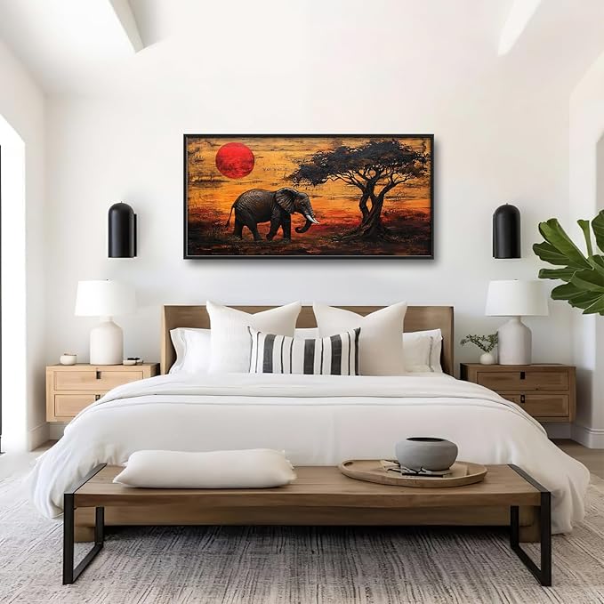 Elephant Framed Wall Art for Living Room, Large African Elephant Canvas Wall Decor, Wild Animal Sunset Pictures Painting, Modern Artwork for Bathroom Bedroom 60L'' × 30W''