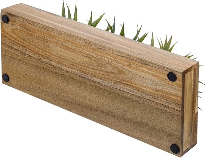 MyGift 15 Inch Large Artificial Green Grass Plants in Premium Acacia Solid Wood Decorative Planter, Tabletop Faux Greenery Decor with Wooden Rectangular Container