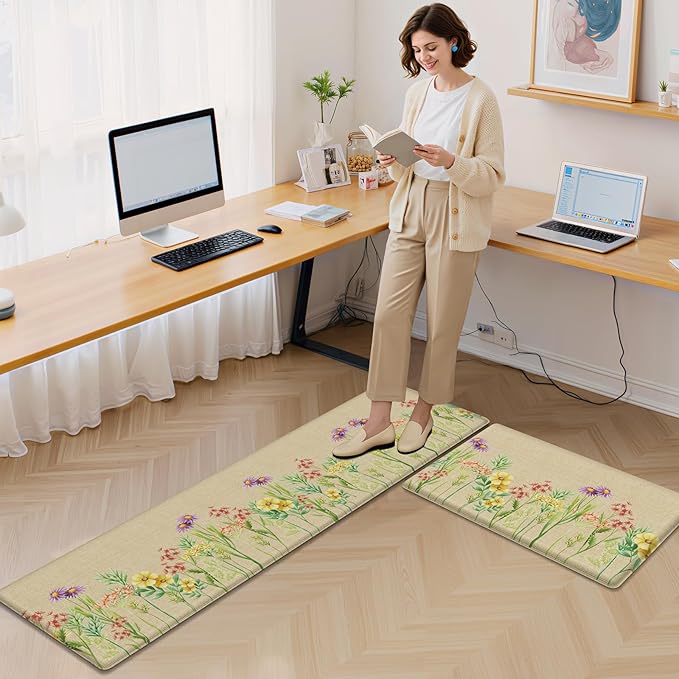 Kitchen Mats for Floor, 2-Piece Anti-Fatigue Waterproof Kitchen Rugs for Apartment Decor, Easy-Clean Standing Mat with Non-Slip Back for Home, Office, Laundry (17.3"×59" +17.3"×30")