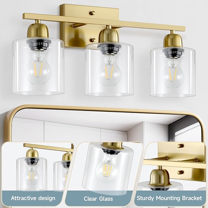 3 Light Gold Bathroom Light Fixtures, Modern Bathroom Vanity Lights with Clear Glass, Gold Vanity Mirror with Lights for Mirror Living Room Bedroom Hallway E26 Base