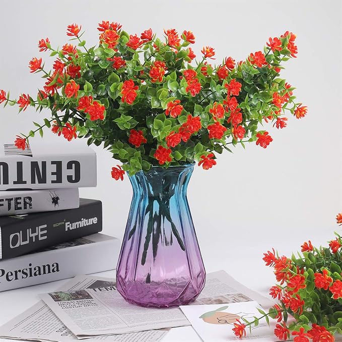 RECUTMS Artificial Flowers Outdoor Fake Flowers，8 Bundles Outside Face Mums Fake Summer Greenery UV Resistant No Fade Faux Plastic Lotus Shrubs Home Garden Porch Patio Decoration Office (Orange Red)