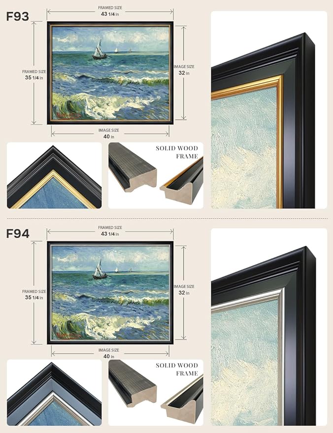 DECORARTS - The Sea at Les Saintes-Maries by Vincent Van Gogh, Large Giclee Canvas Print with Solid Wood Frame, Oversized Wall Art Decor