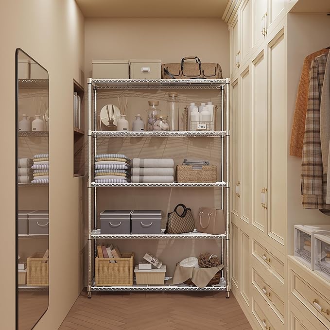 MZG 1750 lbs 5 Tier Storage Rack Metal Wire Shelving Unit, Storage Standing Household Shelf Organizer for Kitchen Pantry Closet Garage Basement Utility Room, Chrome 15.8" D x 45.3" W x 70.4" H