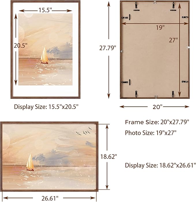 Solid Oak Wood Frame - 19x27, Matted to 16x21, Real Glass, Walnut Color, 1 Pack