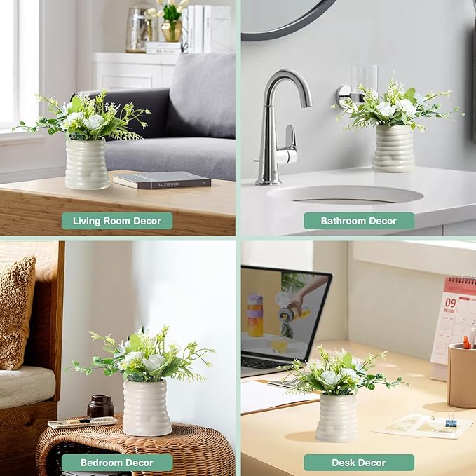 Small Fake Plants Potted Artificial Plants Indoor with Ceramic Pot Mini Faux Plants Artificial Greenery Flowers for Bedroom Bathroom Plants Home Office Room Coffee Table Decor