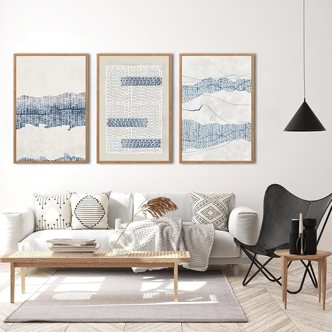 IARTTOP Large Blue Abstract Canvas Wall Art Framed 24x36 Inch Neutral Minimalist Modern Wall Art Mid Century Boho Artwork for Living Room Bedroom Office Set of 3