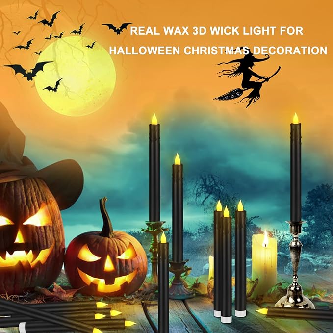 Flameless Taper Candles 10.6" Dripless Battery Operated Taper Candles Included Remote Timer 400+ Hours by 2AA Batteries for Halloween Christmas Wedding (Black, 6 Pack)